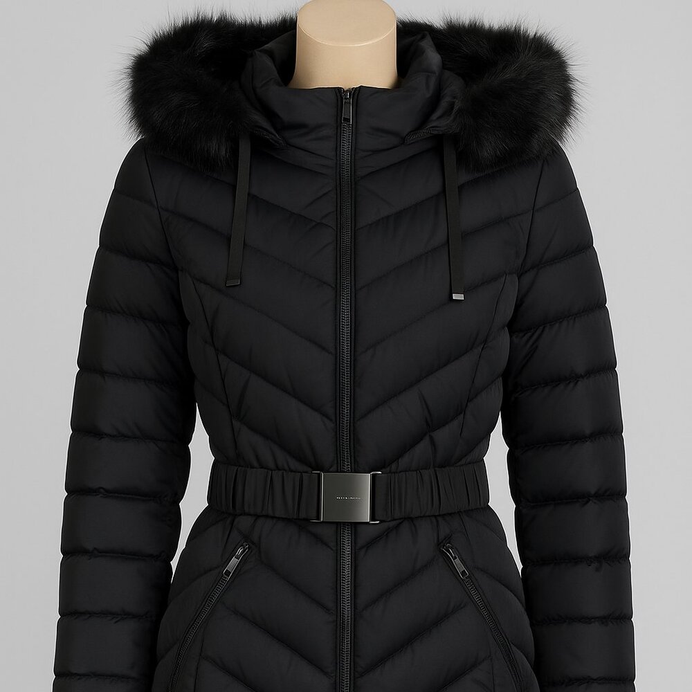 Tahari Black Quilted Puffer Coat with Faux Fur Hood – Size XL
